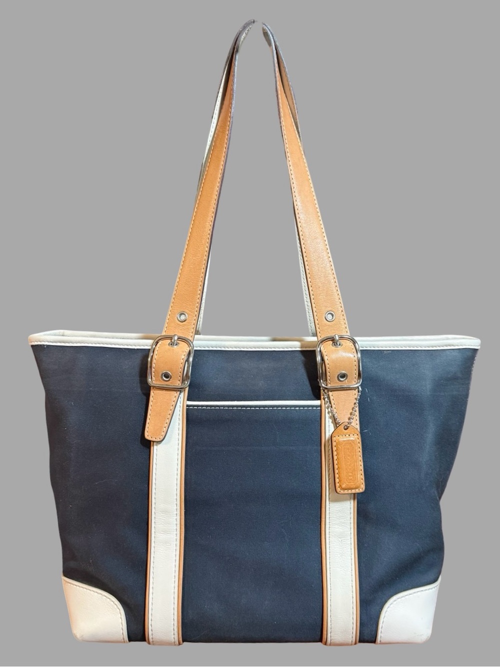 Vintage Coach Hampton Navy Canvas & Leather Trim Tote Bag